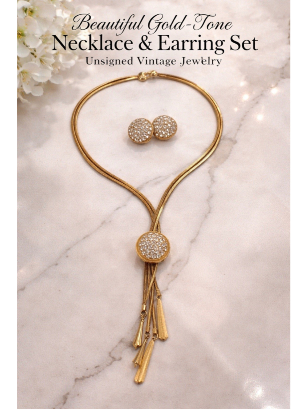 Vintage Gold Tone Rhinestone Lariat Necklace Earring Set Unsigned Tassel - Picture 2 of 4